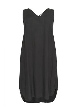 Bezrukávové čierne šaty s výstrihom do V vyrobené z ľahkého materiálu. Majú rovný strih so bočnými rozparkami a mierne zakriveným lemom.
