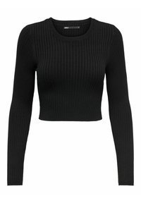 Fekete bordázott hosszúujjú cropped pulóver, kerek nyakkivágással. Textúrált kötésmintával és testhezálló siluettel rendelkezik.