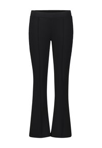 Pantalons évasés noirs en tissu lisse et extensible avec une taille haute et des détails de couture à l'avant pour un look ajusté.