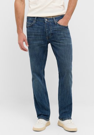 Dark blue denim jeans with a straight leg cut, subtle fading, and five pockets. Finished with a classic button and zipper closure.