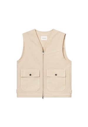 Beige sleeveless vest with front zipper, two large buttoned flap pockets at the bottom, and one chest slit pocket.