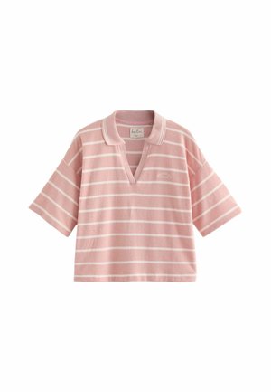 Pink short-sleeve polo shirt with white horizontal stripes and a soft terry cloth texture, featuring a V-neck collar and relaxed fit.