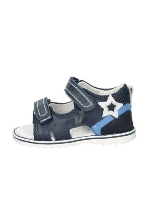 Sandalo per bambino piccolo blu navy e bianco con due cinturini regolabili e decorazione a stella bianca sul lato.
