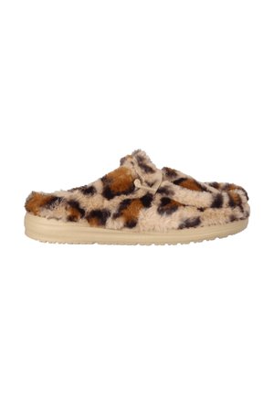 Pantofola pelosa beige con motivo leopardato in marrone e nero. Caratterizzata da una texture morbida e pelosa e una suola leggera e strutturata.