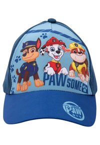 Cappello blu con un design stampato di cani dei cartoni animati in uniforme. Il testo dice "PAW-SOME." Il cappello ha una visiera curva e una texture di tessuto morbido.