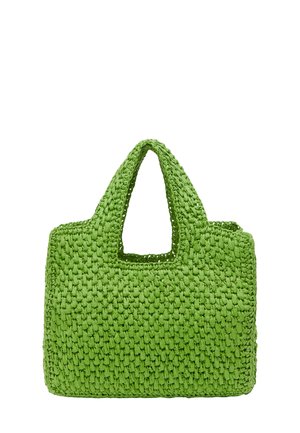 Groene geweven boodschappentas met dubbele handgrepen, rechthoekige vorm, gestructureerd oppervlak en een open bovenkant, met aan elke zijde een vierkante uitsparing.