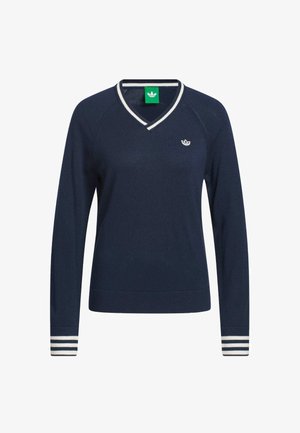 Suéter de punto azul marino con cuello en V, detalles de rayas blancas en las mangas y un pequeño logo en el pecho. Textura suave, mangas largas.
