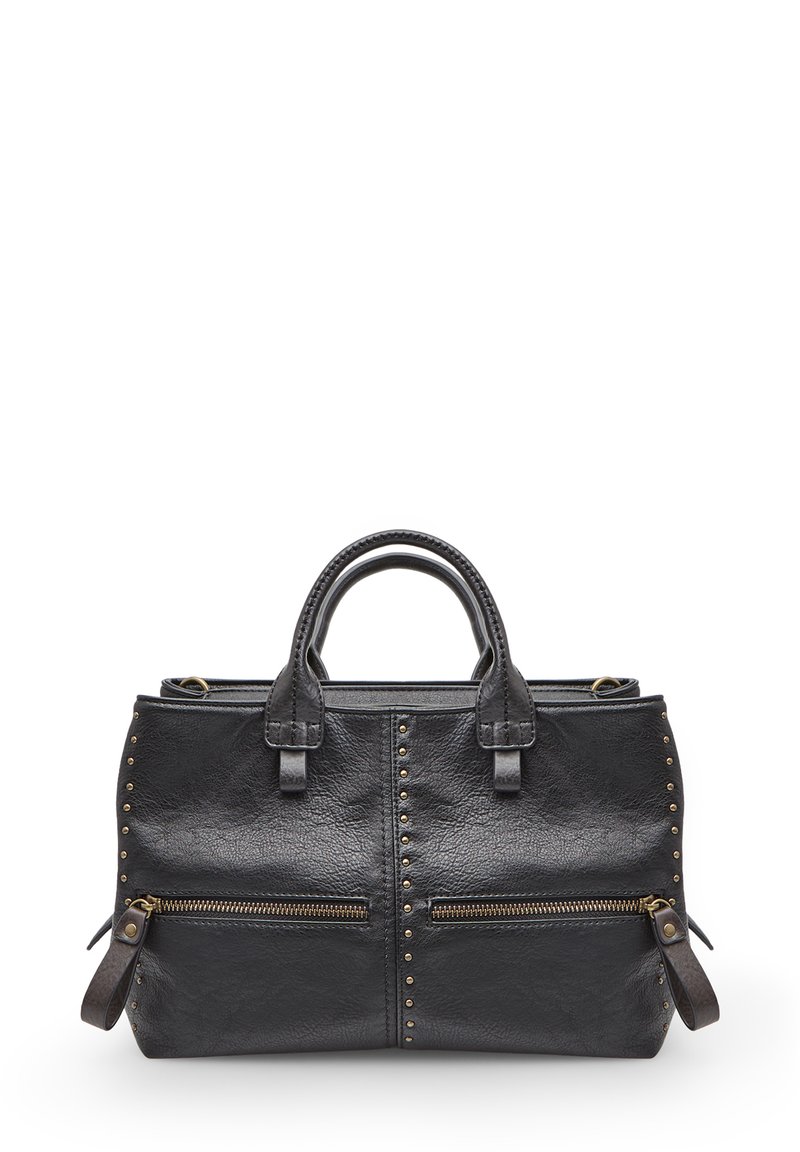 Borsa a mano in pelle nera con due tasche frontali con zip, dettagli borchiati sui lati, manici superiori doppi e forma strutturata.
