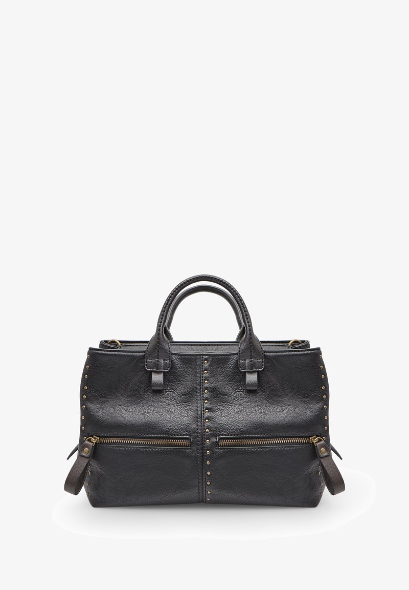 Borsa a mano in pelle nera con due tasche frontali con zip, dettagli borchiati sui lati, manici superiori doppi e forma strutturata.