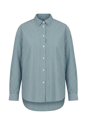 Pitkähihainen nappipaita, jossa valkoiset pystysuorat raidat teal-vihreällä taustalla, terävä kaulus ja pyöristetty helma.