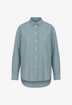 Chemise à manches longues avec rayures verticales blanches sur fond bleu sarcelle, col pointu et ourlet arrondi.