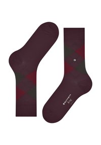 Bordowe skarpetki z wzorem w diamenty w zielonym i czerwonym kolorze, z niebieską obwódką i srebrnym logo na podeszwie. Gładka tekstura.