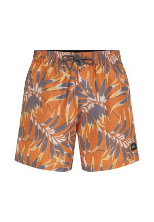 Orange Badehosen mit einem tropischen Blattmuster in Grau und Gelb. Elastischer Bund mit Kordelzug und einem seitlichen Logo-Patch.