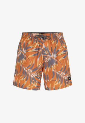 Oranssit uimapuvut, joissa on trooppinen lehtikuosi harmaana ja keltaisena. Joustava vyötärö, jossa on nauha ja kyljessä logo-ompelu.