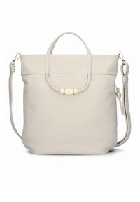 Sac à main en cuir gris clair avec doubles poignées, bandoulière réglable, dessus arrondi, et un détail de fermeture décorative avec perle en bois.