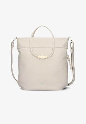 Sac à main en cuir gris clair avec doubles poignées, bandoulière réglable, dessus arrondi, et un détail de fermeture décorative avec perle en bois.