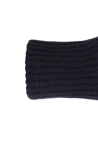 Zwarte gebreide sjaal met een geribbeld textuur, met een brede, gevouwen ontwerp en gladde randen, met nadruk op warmte en comfort.