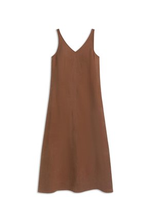 Hnedé midi šaty bez rukávov s výstrihom do V a áčkovou siluetou, zobrazené na plochom bielom pozadí.