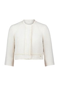 Biała krótka kurtka z teksturowanej tkaniny z lekko postrzępionym wykończeniem, okrągłym dekoltem i rękawami o długości trzech czwarte.