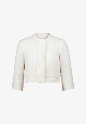 Weiße, kurz geschnittene Jacke aus strukturiertem Stoff mit leicht ausgefransten Säumen, rundem Halsausschnitt und drei Viertel langen Ärmeln.