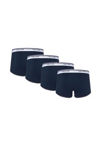 Four pairs of dark navy blue boxer shorts made from soft fabric, featuring a white waistband with "TIMEZONE" printed in bold.