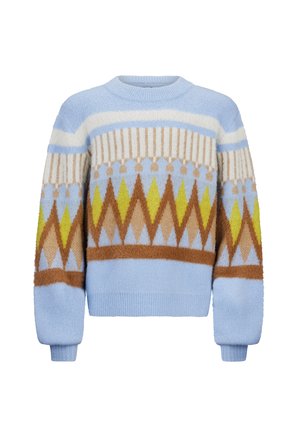 Maglione a maglia blu chiaro con motivi geometrici in giallo, marrone e crema; presenta polsini a coste e un design a girocollo.