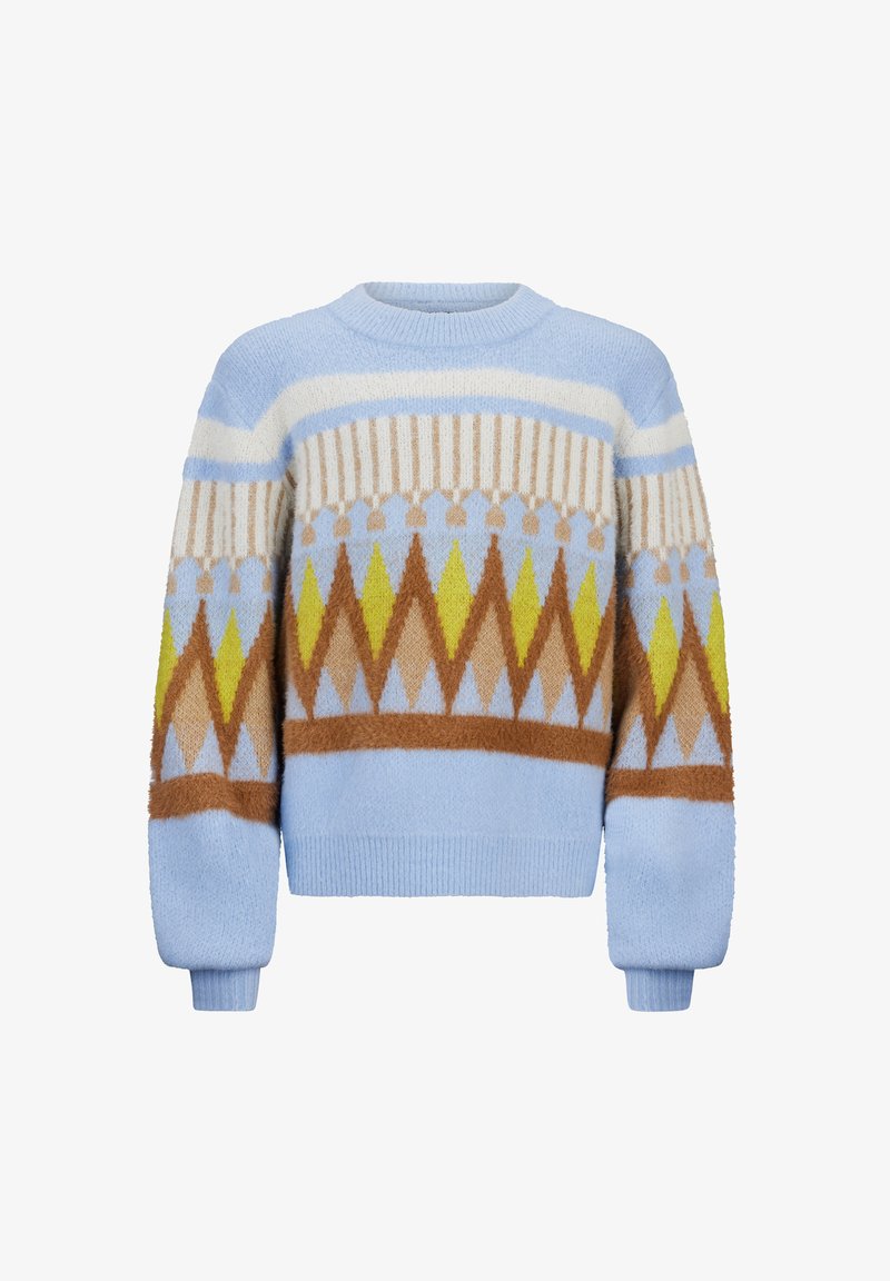 Pull en maille bleu clair avec des motifs géométriques jaunes, marron et crème ; doté de poignets côtelés et d'un col rond.