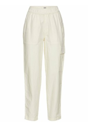 Helle beige Cargo-Hosen mit elastischem Bund, geradem Bein Design, Seitentaschen und strukturiertem Stoff.