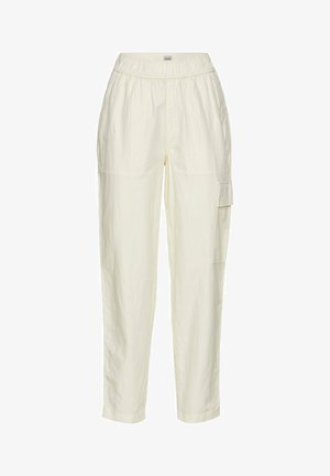 Helle beige Cargo-Hosen mit elastischem Bund, geradem Bein Design, Seitentaschen und strukturiertem Stoff.