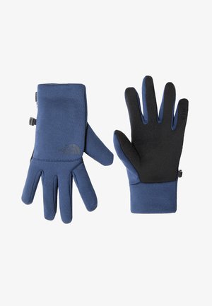 Blue gloves featuring a smooth fabric exterior with textured black palm and fingers for grip. Includes logo detail and adjustable wrist.