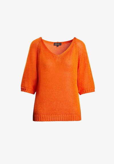 Izcila piedurkņu, V veida kakla džemperis, izgatavots no strukturētas oranžas dzijas. Iekļauj ribotas aproces un apakšmali, sniedzot pieguļošu izskatu.