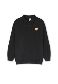 Svart sweatshirt med hög krage, tre knappar och en broderad ljusbrun djurdesign på vänster bröst.