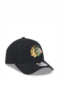 Black baseball cap featuring an embroidered colorful Native American profile logo on the front. Structured design with a curved peak.