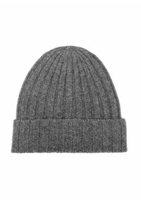 Szary dzianinowy beret z prążkowaną teksturą i podwiniętym brzegiem, wykonany z miękkiej wełnianej mieszanki. Prosty, nieozdobiony design.