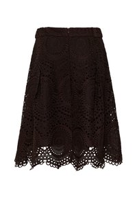 Jupe trapèze en dentelle noire avec motifs floraux circulaires, ourlet festonné et fermeture éclair au dos.