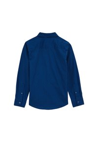Blå långärmad skjorta med ett subtilt mönster, med krage, knäppta manschetter och en böjd nederkant. Tillverkad av ett mjukt tyg.