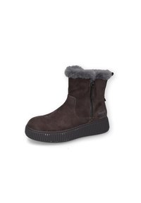 Braune Wildleder-Stiefeletten mit einem grauen Kunstfellkragen, seitlichem Reißverschluss und einer genoppten schwarzen Gummisohle. Minimale Markenkennzeichnung an der Außenseite.