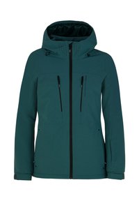 Teal-farbene wasserdichte Jacke mit Kapuze, Reißverschluss und zwei Brusttaschen mit schwarzen Reißverschlüssen. Glattes, langlebiges Material mit perforierten Akzenten.
