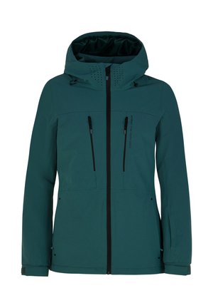 Tankleurige waterdichte jas met een capuchon, ritssluiting en twee borstzakken met zwarte ritsen. Glad, duurzaam materiaal met geperforeerde accenten.