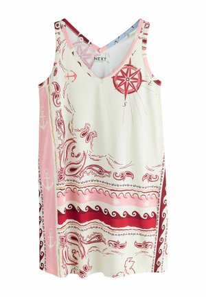 Robe sans manches à col en V avec des motifs nautiques roses, rouges et crème comprenant des ancres, des vagues, des motifs paisley et une rose des vents.