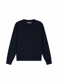 Sweat-shirt bleu marine avec un col rond, des manches longues et des poignets côtelés. Présente un petit logo sur la poitrine. Tissu en mélange de coton.