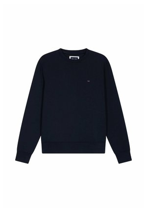 Sweat-shirt bleu marine avec un col rond, des manches longues et des poignets côtelés. Présente un petit logo sur la poitrine. Tissu en mélange de coton.