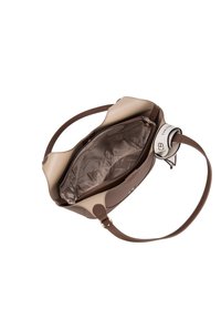 Braune und beige Lederhandtasche mit einem geräumigen Innenraum, ausgestattet mit einer Reißverschlusstasche und einem Stofffutter, ergänzt durch einen robusten Schultergurt.