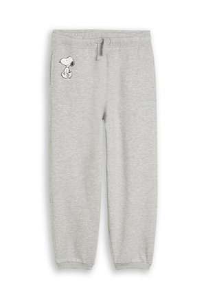 Lichtgrijze joggingbroek met elastische boorden en tailleband, met een klein zwart-wit Snoopy-figuurtje op de linkerheup.