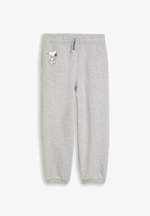 Lysegrå joggingbukser med elastiske manchetter og linning, med en lille sort-hvid Snoopy-figur på venstre hofte.