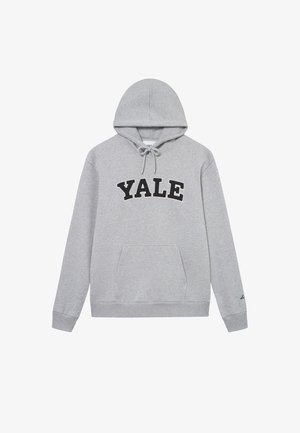 Sweatshirt cinza com capuz, com letras pretas "YALE" na frente, cordões no decote e um bolso tipo canguru.