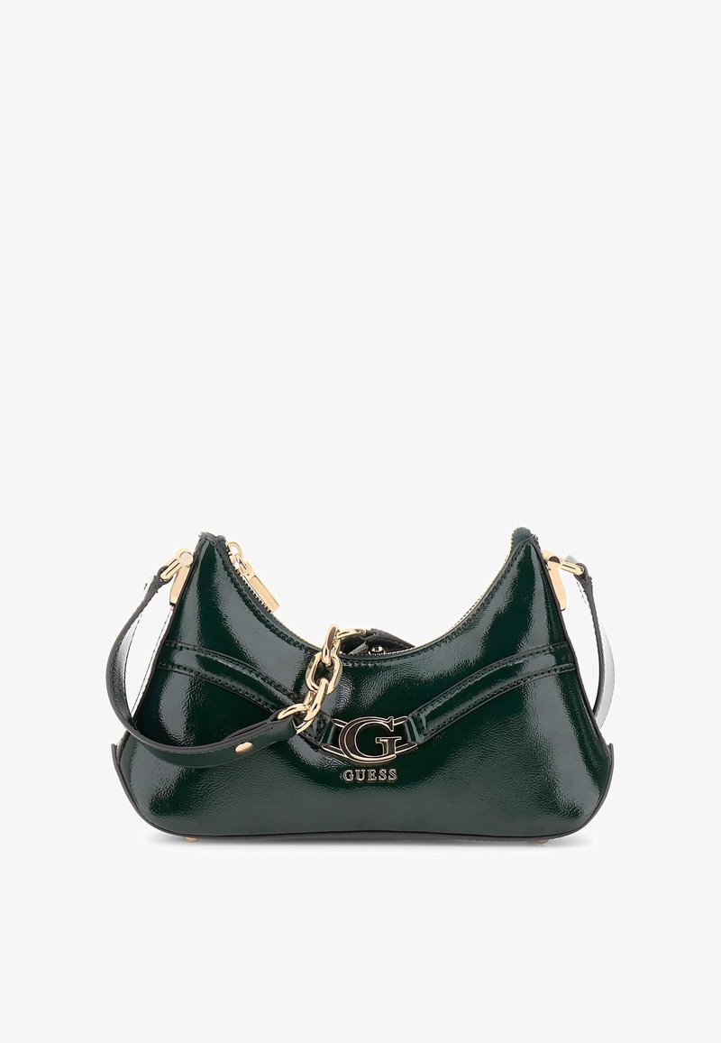 Borsa a tracolla verde in pelle verniciata con accessori in tono oro, chiusura con zip e tracolla regolabile. Presenta un accento con logo e un design curvato.