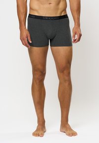 Boxerii scurți de culoare gri închis, cu un brâu negru cu marcă, confecționați dintr-un material neted și elastic; design ajustat cu picioare de lungime medie.