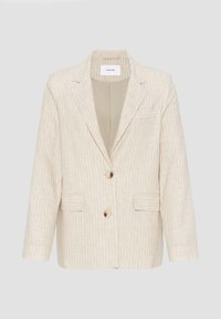 Béžový lněný blazer s tenkými bílými vertikálními pruhy, s klopami, na dva knoflíky, dvěma předními kapsami se klopou a jednou náprsní kapsou.