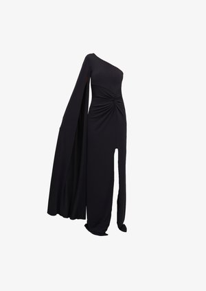 Asymmetrical black dress with a single long sleeve, twisted front detail, and a side slit. Made from sleek, stretchy fabric.